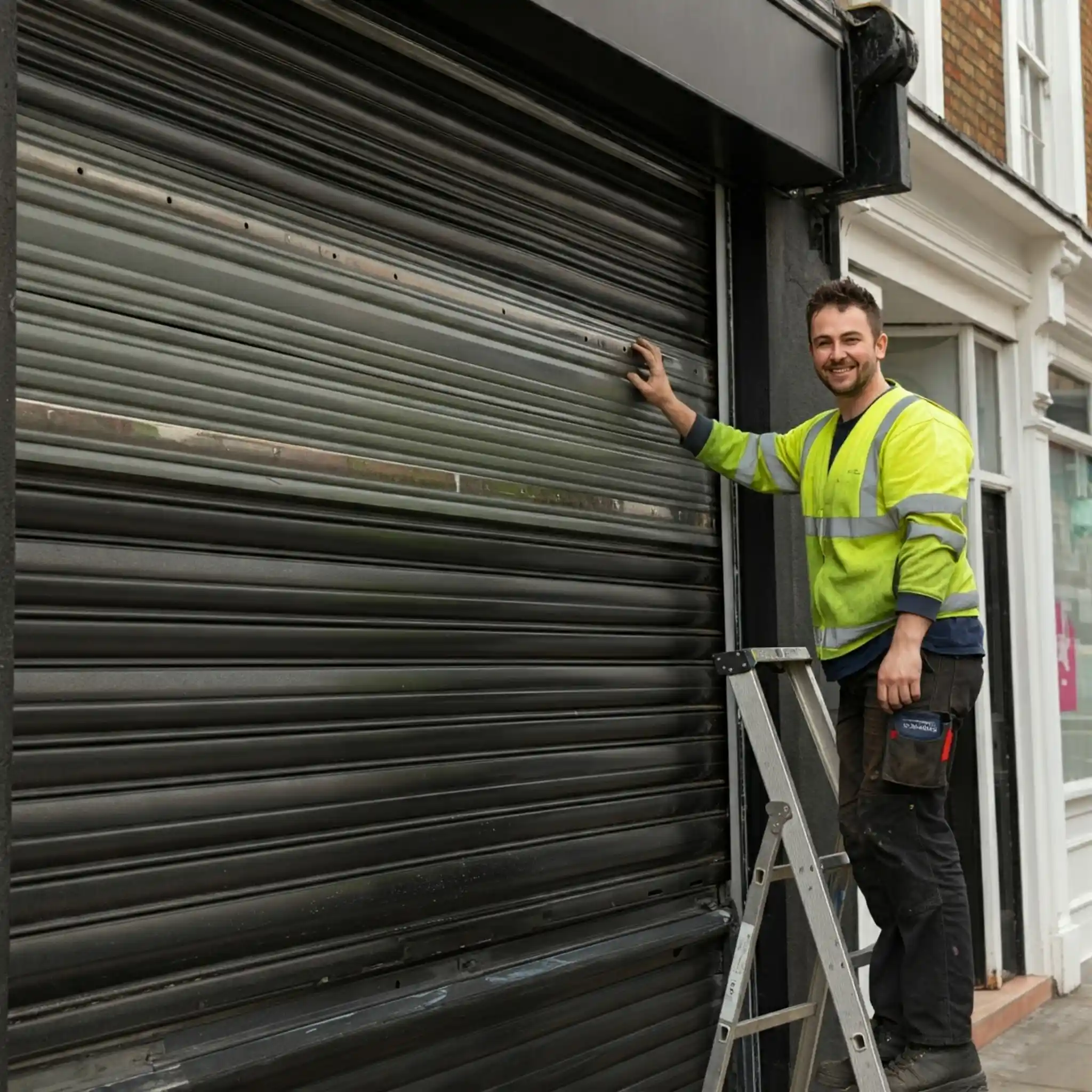 Professional shutter repair engineer working on a roller shutter in London